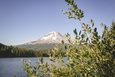 Scenic view of lake and mountains against clear sky