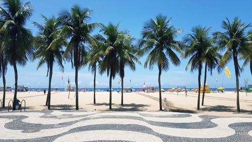 Palm trees on copacabana against clear blue sky