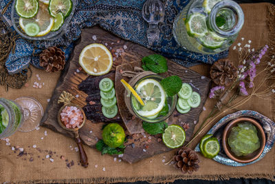 High angle view of lemon drink on table