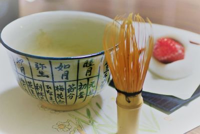 Close-up of food on table, hot water