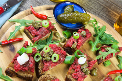 High angle view of food on cutting board