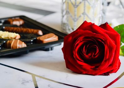 Close-up of red rose on table