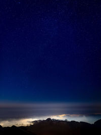 Scenic view of mountains against sky at night