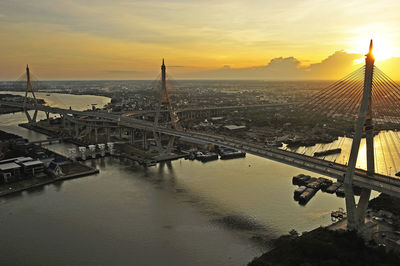 High angle view of bridge over river during sunset