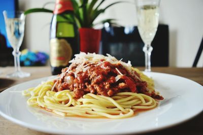 Close-up of pasta in plate on table