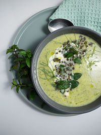 High angle view of soup in bowl