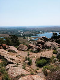 Aerial view of landscape against clear sky