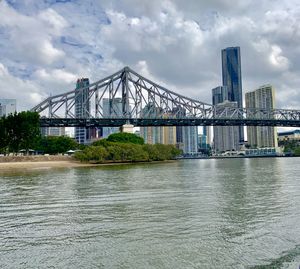 View of suspension bridge against cloudy sky