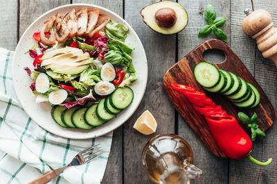 High angle view of fruits and vegetables on table