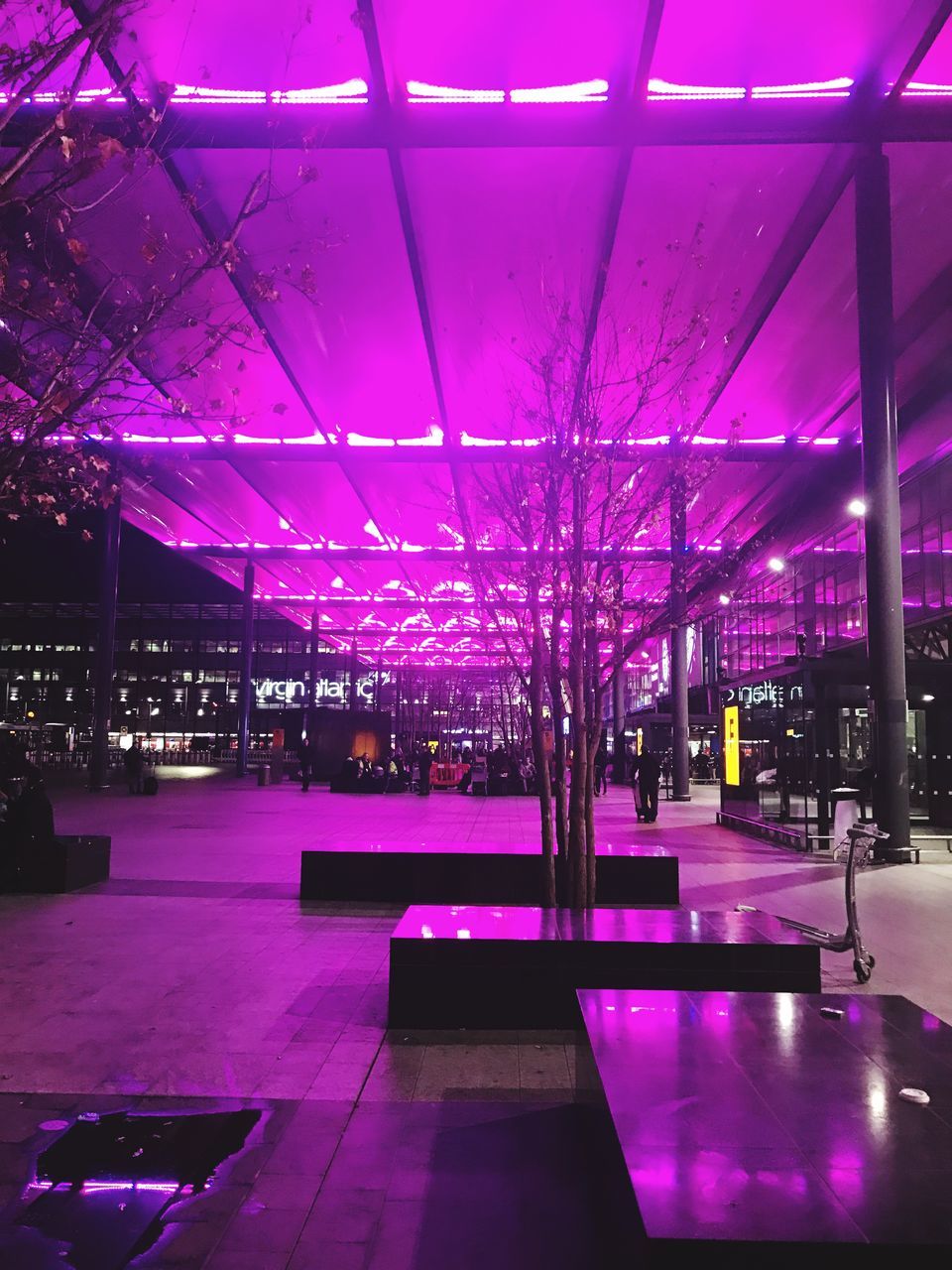 purple, illuminated, ceiling, reflection, built structure, indoors, lighting equipment, architecture, airport, night, no people, modern, airport terminal, building atrium, neon