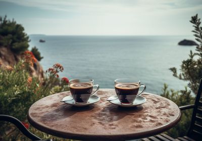 Close-up of drink on table by sea against sky