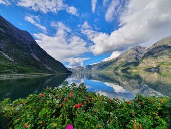 Reflection of the sky and mountains in the blue water of the fjord - eidfjord