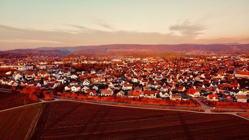 High angle shot of townscape against sky