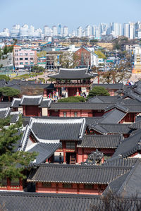 High angle view of buildings in city