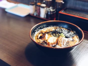 High angle view of soup in bowl on table