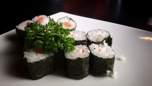 Close-up of sushi served in plate