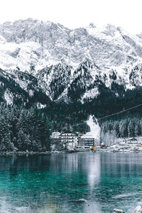 Scenic view of lake by snowcapped mountains