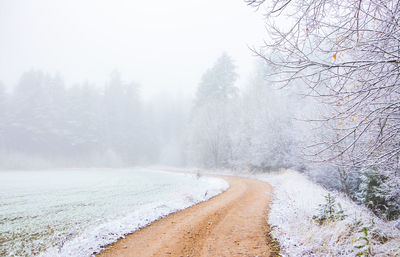 A beautiful scenery of a gravel road in the late autumn with first snow. northern europe landscape.