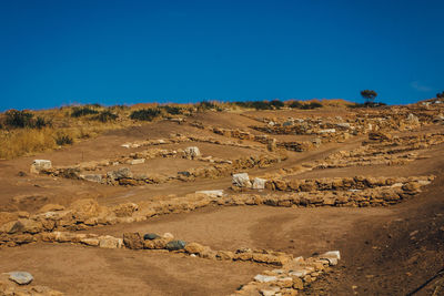 Scenic view of desert against clear blue sky