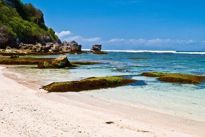 Scenic view of sea against blue sky