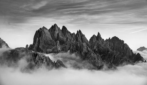 Mountain landscape sunset dolomites at tre cime hiking path area in south tyrol in italy.