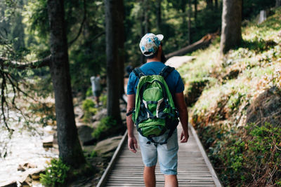 Rear view of man walking on boardwalk at forest