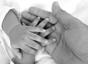 Close-up of father holding baby's hand