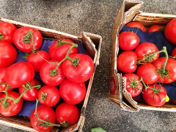 High angle view of tomatoes in basket