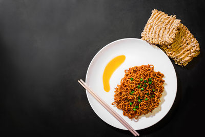 High angle view of food in plate on table