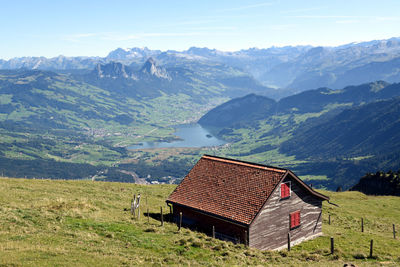 Scenic view of field and mountains against sky