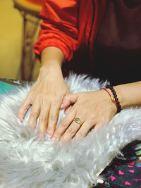Midsection of woman touching fur