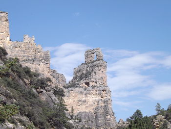 Low angle view of cliff against sky