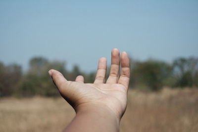 Close-up of human hand against sky