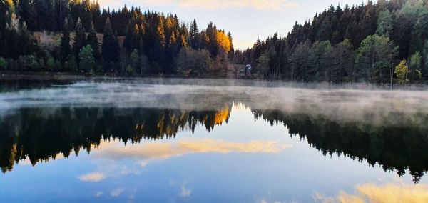 Reflection of trees in lake against sky