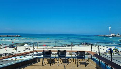 Scenic view of sea against clear blue sky