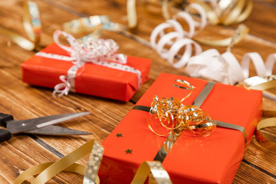 High angle view of christmas decorations on table