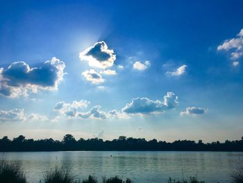 Scenic view of lake against blue sky