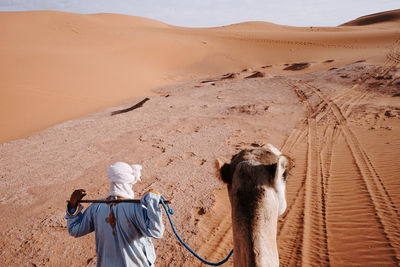 Rear view of people on sand dune in desert