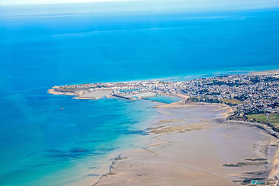 High angle view of beach against blue sky