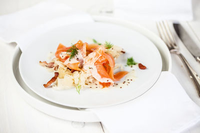 High angle view of food in plate on table