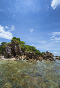 Rock formation by sea against blue sky