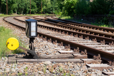 Railroad tracks amidst trees on field