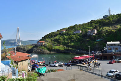 High angle view of townscape by mountain against clear blue sky