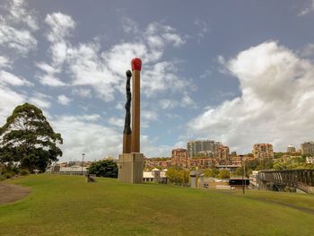 Built structure on landscape against sky in city