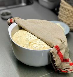 High angle view of bread in bowl on table