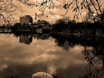 Scenic view of lake against sky at sunset