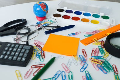 High angle view of multi colored pencils on table