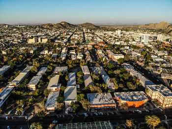 High angle shot of townscape against sky