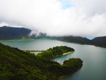 Scenic view of lake and mountains against sky