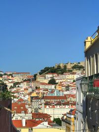 Houses in town against clear blue sky